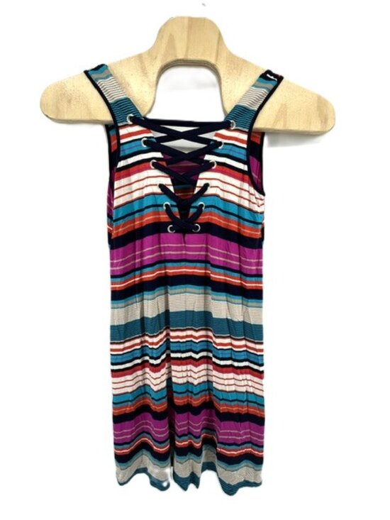 Spense Dresses & Skirts - Spense Multi-colored Rainbow Striped Knit Dress Size Large Lace-up Grommet Neckl